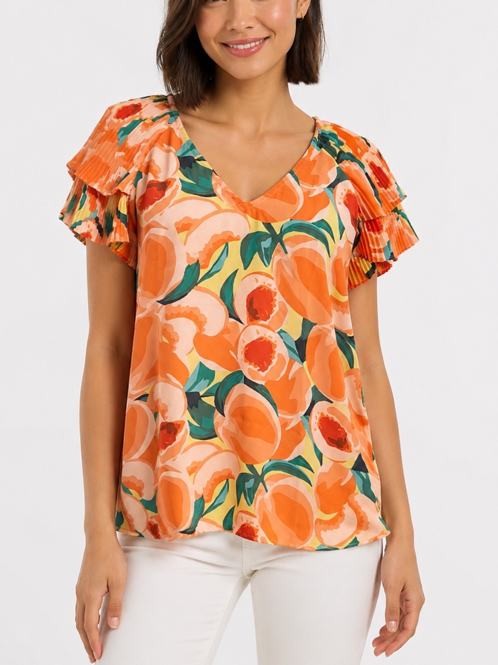 DR2 by Daniel Rainn Peach Print Flutter Sleeve V-Neck Blouse Casual Boho Top M